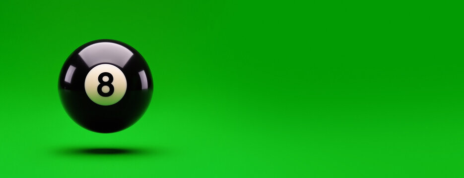 Black eight ball floating above green surface. Billiards and pool game concept. Luck, chance and decision making. Recreational cue sports with copy space.