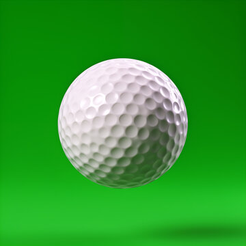 Close-up of white golf ball against vivid green background. Golf sport equipment and recreation concept. Minimal studio product illustration with generous copy space.