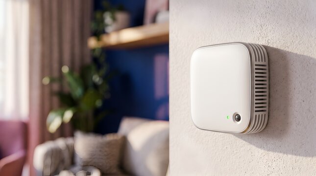 White smart home security sensor with green indicator light mounted on a wall in a modern sunlit living room with blurred background