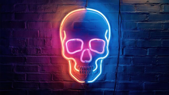 Glowing neon skull sign with orange and blue light on dark brick wall