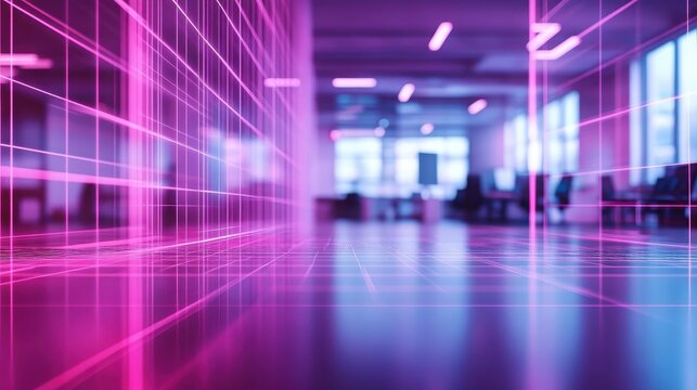 Neon pink wireframe grid lines glowing over a blurred modern office interior space