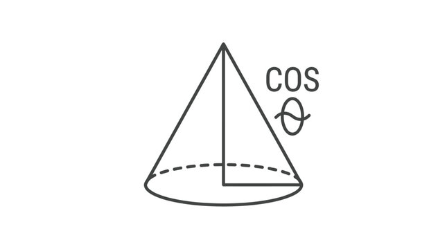 Mathematical cone diagram featuring geometric formulas and trigonometric functions rendered in minimalist black outline style for educational learning and academic science presentations