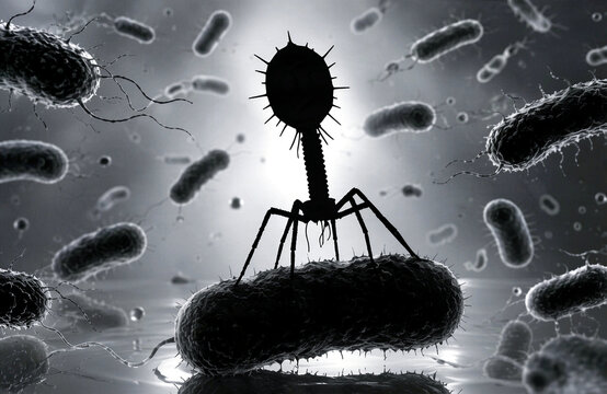 Silhouette of microorganisms (bacteriophage and bacteria)