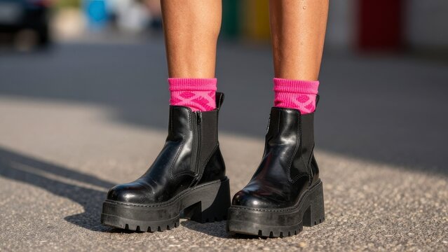 Woman wearing stylish black boots and pink socks