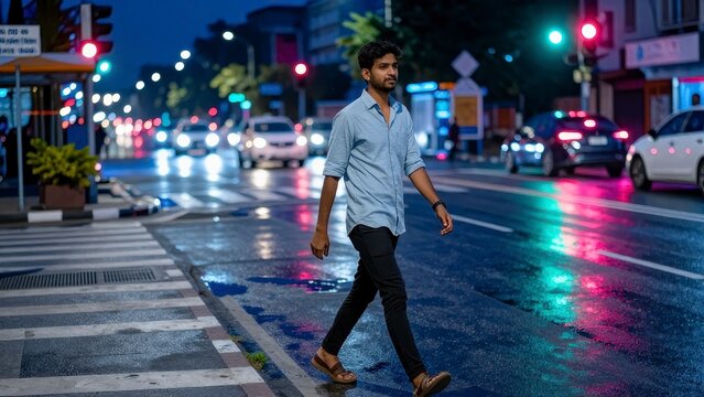 Young man walking across city street at night