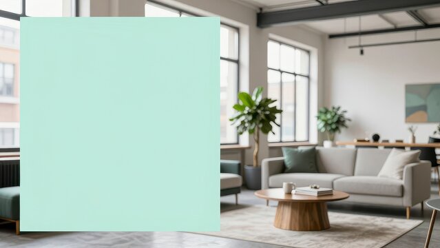 Mint green color swatch in modern living room interior