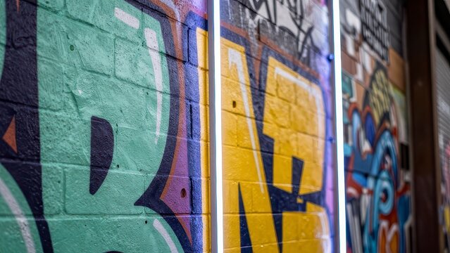 Graffiti brick wall with neon tube lights