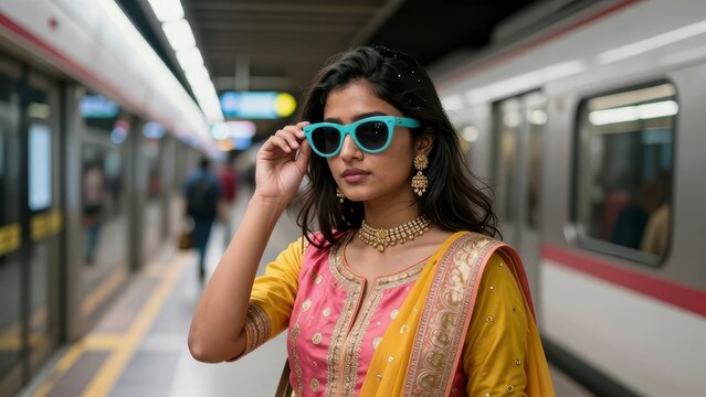 Young Indian woman holding turquoise sunglasses at subway station