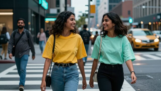 Two young women walking together in the city
