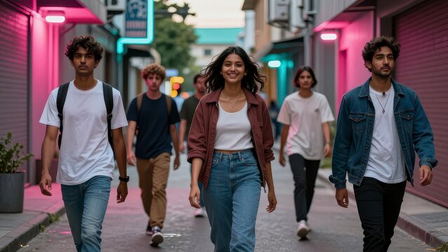 Group of diverse friends walking together in an alleyway