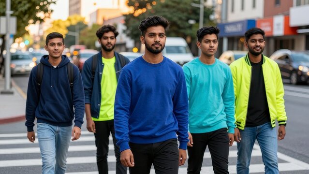 Group of young South Asian men walking together on city street