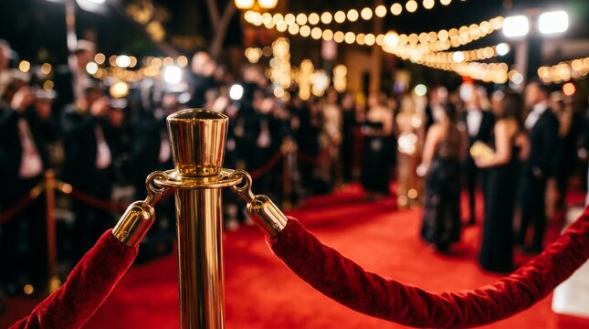 Red carpet event, VIP celebrity arrival with gold stanchions and velvet ropes, paparazzi photography at a premiere gala night