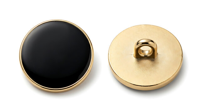 Two round black and gold buttons shown front and back metal