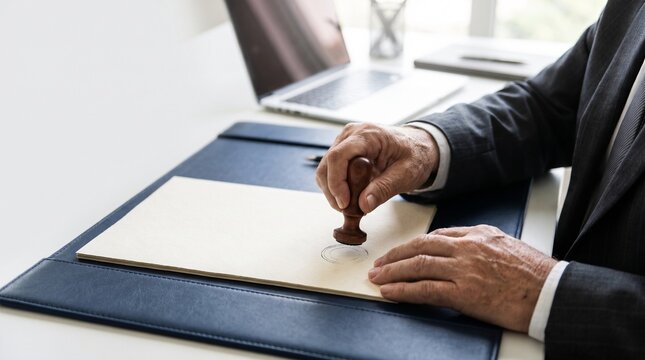 Official Stamp: A businessman in a suit uses a stamp to authenticate a document on a desk with a laptop in the background.
