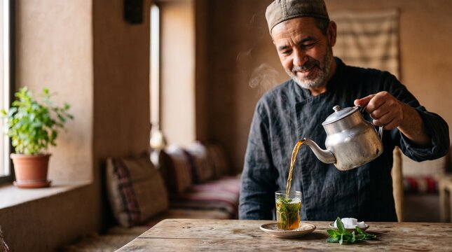 Moroccan Tea Ritual: A smiling elderly man, dressed in traditional attire, pours steaming mint tea from a metal teapot into a glass in a cozy, rustic setting.