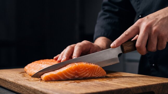 Chef slicing fresh salmon fillet on wooden board.