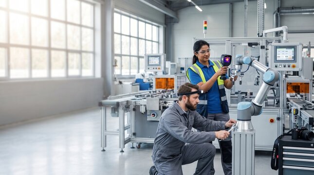 Robotic collaboration: Technician team works with advanced robotic arm in a modern manufacturing facility, demonstrating precision engineering and automated production.