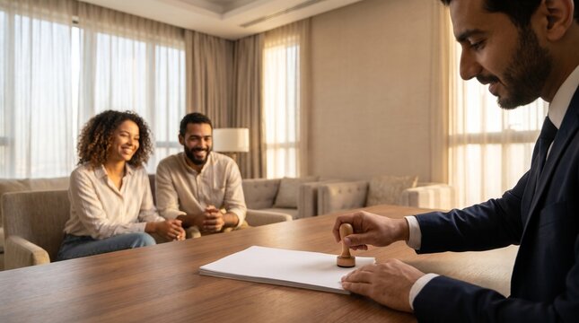 Signing the Deal: A professional in a suit carefully stamps a document as a smiling couple looks on, signifying a successful contract or agreement in a comfortable office setting.