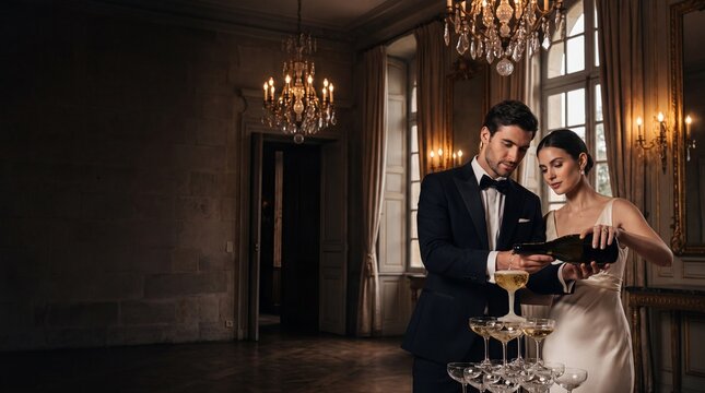 Champagne Celebration in Grand Ballroom: An elegant couple, dressed in formal attire, pour champagne into a towering pyramid of glasses in a luxurious ballroom.