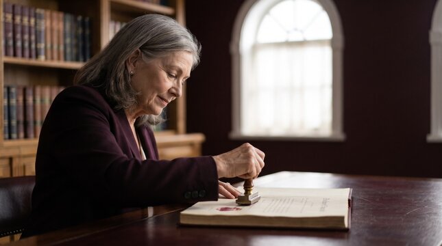 Senior Judge Authenticating Document: An experienced senior judge, with a focused expression, uses a seal stamp to authenticate a legal document in a grand library, symbolizing authority and justice.