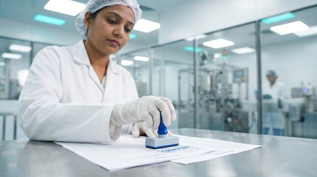 Pharmaceutical Quality Control: A dedicated scientist in a lab coat and gloves meticulously stamps a document, ensuring quality and compliance in a sterile laboratory environment.