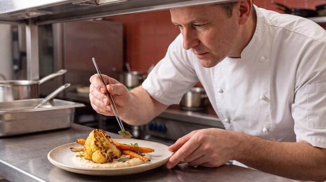 Chef Garnishing Delicate Dish: A meticulous chef in a professional kitchen delicately places the final garnish on a beautifully plated meal, showcasing culinary artistry.