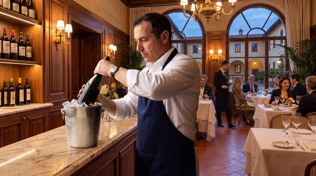 Sommelier Serves Champagne: A sommelier meticulously chills a bottle of champagne in an ice bucket, ready to be served in an elegant restaurant setting.