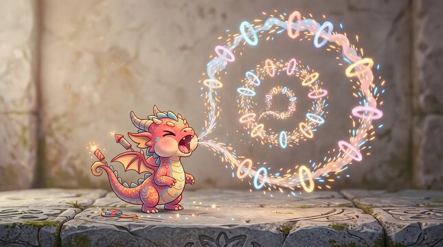 Minimal Geometric 3D Animation for Digital Branding Whimsical Baby Dragon Breathing Colorful Magic Rings in Enchanted Stone Setting with Fantasy Charm