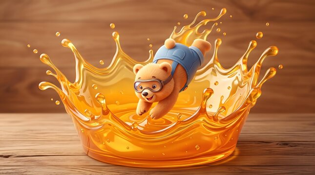 Minimal Geometric 3D Animation for Digital Branding Playful Teddy Bear Diving into Honey Splash with Goggles and Overalls in Whimsical Wood Background