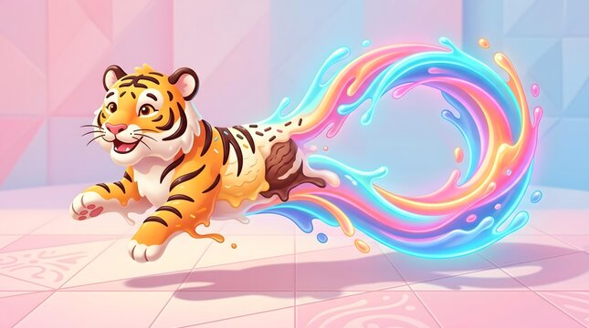 Minimal Geometric 3D Animation for Digital Branding Vibrant Abstract Tiger with Multicolor Paint Splash Tail in Modern Geometric Space, Symbolizing Energy and Creativity