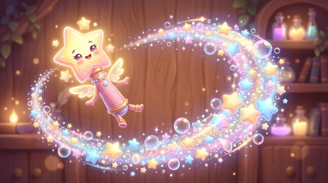 Minimal Geometric 3D Animation for Digital Branding Magical Star Fairy Character with Glittering Trail and Bubbles in Whimsical Fantasy Setting for Children's Illustrations