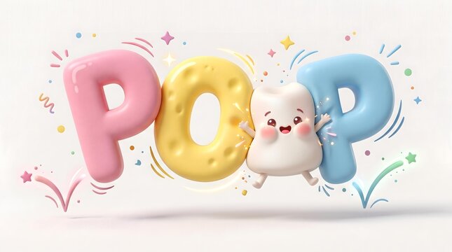 Minimal Geometric 3D Animation for Digital Branding Playful 3D Cartoon Character with Vibrant Text and Joyful Expressions in a Colorful Celebration Theme