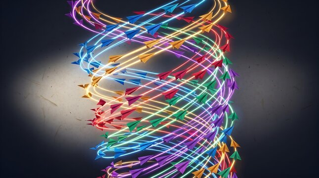 Minimal Geometric 3D Animation for Digital Branding Vibrant Spiral of Illuminated Paper Airplanes in Motion with Dynamic Neon Light Trails Creating Whimsical Art Piece Against Dark Background