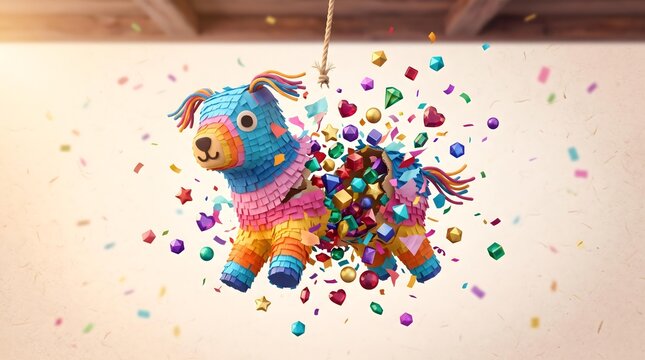 Minimal Geometric 3D Animation for Digital Branding Vibrant Dog-Shaped Pi&ntilde;ata Burst With Colorful Confetti and Gems in Festive Celebration Atmosphere