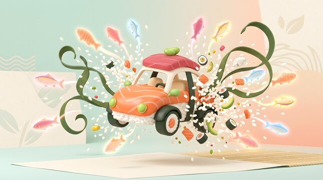 Minimal Geometric 3D Animation for Digital Branding Whimsical Sushi-Themed Car Explosion with Vibrant Fish and Rice in a Surreal 3D Illustration on a Light Pastel Background