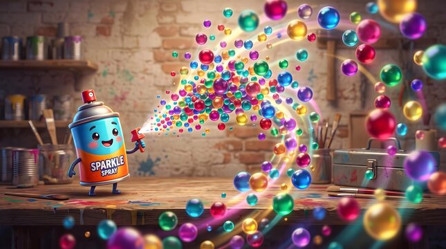 Minimal Geometric 3D Animation for Digital Branding Whimsical Cartoon Spray Can Spraying Colorful Bubbles in Artistic Workshop Setting with Playful Character