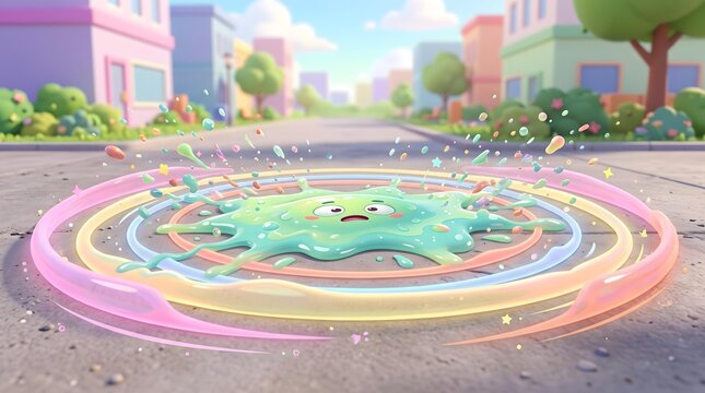 Minimal Geometric 3D Animation for Digital Branding Whimsical Alien Blob Splatter with Colorful Energy Rings on Creative Cartoon Street Adventure Illustration