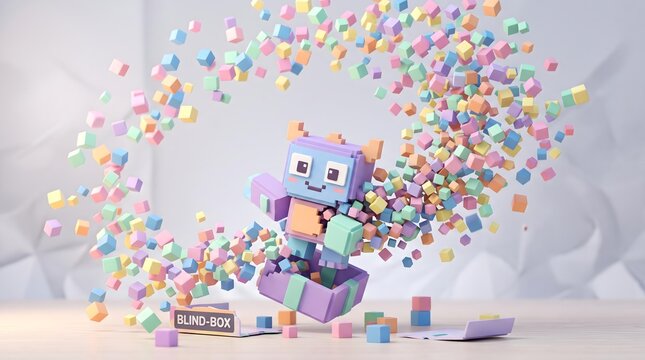 Minimal Geometric 3D Animation for Digital Branding Vibrant Pastel Cubes Burst with Playful Robot Emerging from Blind Box in Minimalist Style