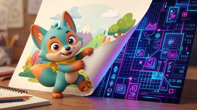 Minimal Geometric 3D Animation for Digital Branding Adorable Cartoon Fox Unveiling Digital World Hidden Behind Nature Illustration for Creative Technology Concepts