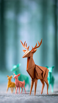 A handcrafted origami deer family with a prominent brown stag in the foreground, set against a blurred, serene green forest background.