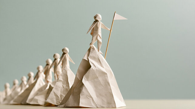 Paper figures climb a mountain, with one figure reaching the peak and planting a flag, symbolizing achievement and leadership.