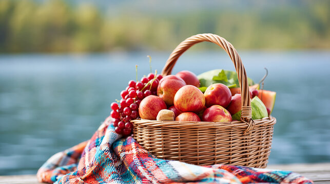 A wicker basket filled with apples, grapes, and nuts sits on a colorful blanket by a lake, evoking a peaceful outdoor picnic scene.
