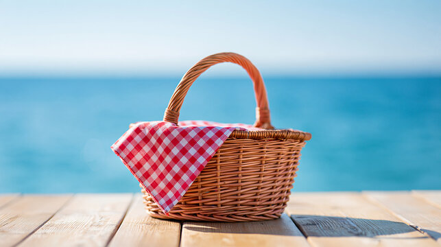 A wicker picnic basket with a red and white checkered cloth sits on a wooden table by the blue sea under a clear sky.
