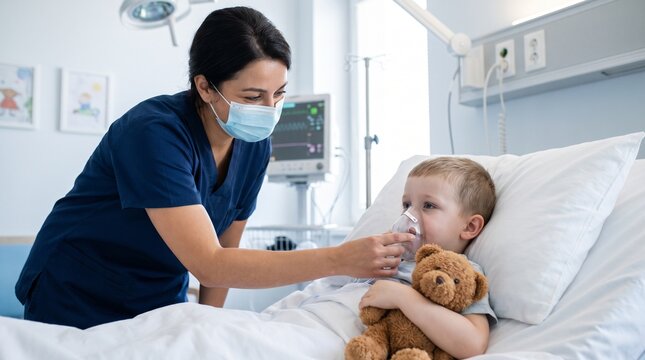 A caring nurse in scrubs and facemask helping a young boy use an oxygen mask while he lies in a hospital bed holding a teddy bear in a bright pediatric ward