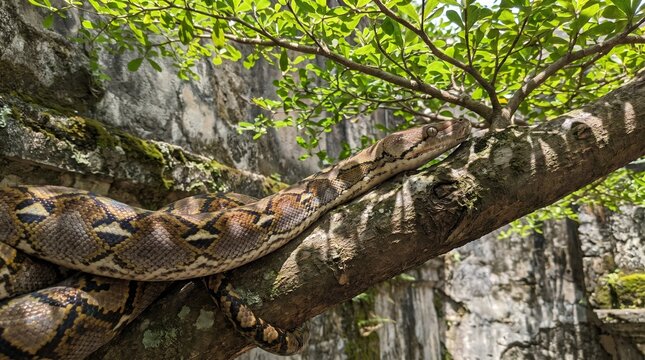 Reticulated Python Camouflaged on Tree Branch with Dappled Sunlight