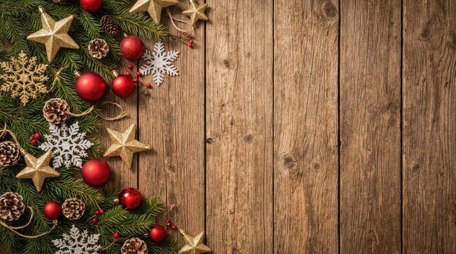 Rustic christmas pine branch decorated with red baubles and golden stars with copy space