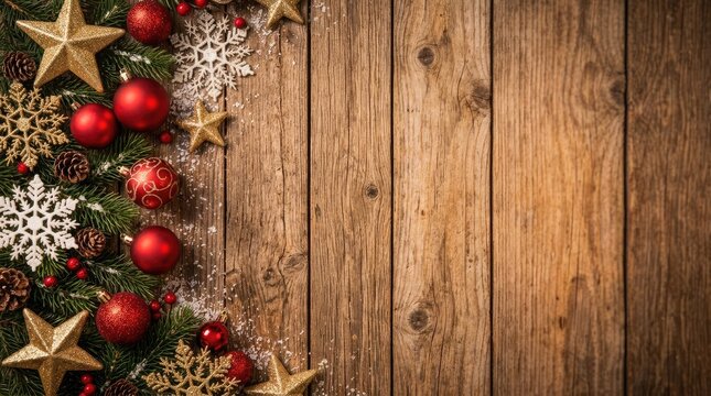 Christmas festive border of evergreen branches with red baubles and snowflakes with copy space