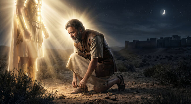 Joshua meeting the commander of the Lord's army near Jericho, Joshua 5 Old Testament biblical scene, drawn sword, holy ground, religious illustration
