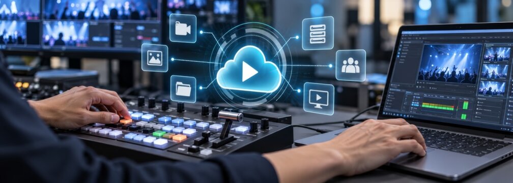 Professional video editing suite with cloud streaming technology integration workflow and digital media management interface tools.