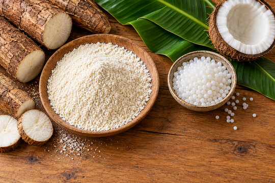 Cassava flour tapioca pearls coconut and banana leaves overhead